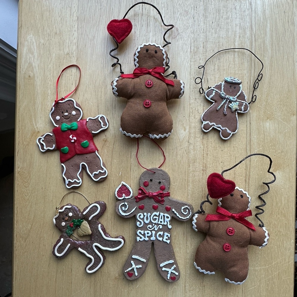 Vintage Gingerbread Man Boy Girl Christmas Tree Holiday Ornaments Lot Of 6